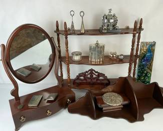 Vintage Style Wood Vanity Mirror Shelf and Decorative Accessories Lot