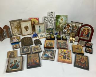 Large Collection of Religious Icons, Crosses, and Devotional Art Pieces