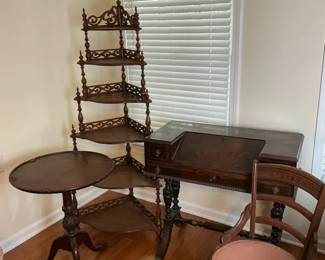 Wood Writing Desk, Corner Shelf, Chair  Accent Table