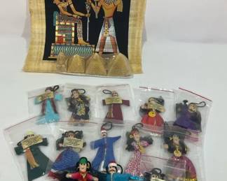 Vintage Egyptian Souvenir Doll Ornaments and Papyrus Art Lot