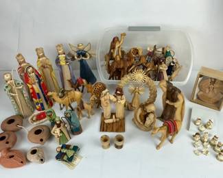 Handcrafted Nativity and Folk Art Figures Wood Straw Pottery and Miniatures Lot