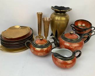 Japanese Style Porcelain Tea Set  Decorative Serving Assortment Gold Red Black