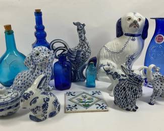 Blue White Delft Style Pottery Cobalt Glass Bottles Animal Figurines