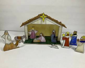 Stained Glass Nativity Set w Stable Handcrafted Christmas Decor