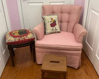 Vintage Pink Upholstered Armchair with Needlepoint Stool and Step Stool