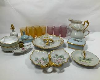 Vintage HandPainted Porcelain Serveware and Glassware Assortment with Gold Trim