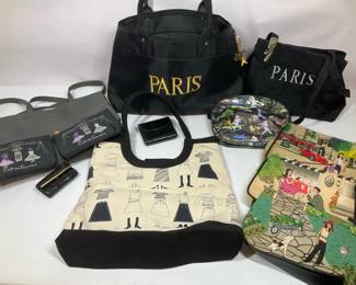Paris Themed Handbag  Accessories Lot Including Tote Bags, Pouches  Wallet