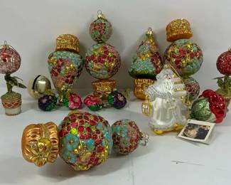 Vintage Blown Glass Christmas Ornaments with Jeweled Floral Designs  Santa