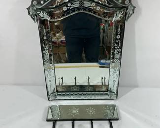 Vintage Etched Glass Wall Mirror with Decorative Shelf  Hooks