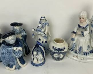 Blue  White Porcelain Figurines and Decorative Vase Collection