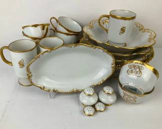 White and Gilt Porcelain Serveware and Cup Collection by E Saye