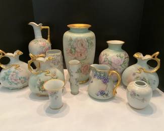 Hand Painted Floral Porcelain Vases and Pitchers with Gilt Trim