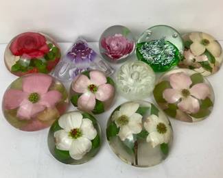 Pair of Pressed Floral Glass Paperweights