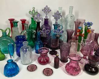 Collection Vintage Colored Glass Bottles, Vases  Decorative Pieces