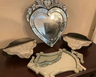 Venetian Style Heart shaped Mirror  Wall Shelf Group