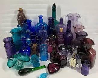 Colored Art Glass Bottles Vases Pitchers Blue Purple Green Decorative Mix