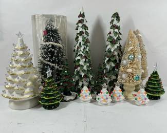 Vintage Christmas Tree Decor Group Ceramic, LightUp  Bottle Brush Trees