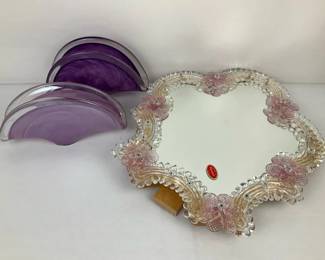 Art Murano Glass Napkin Holders and Venetian Style Mirror Tray
