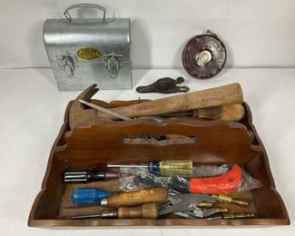 Vintage Tool Assortment with Wood Tote  Metal Storage Box