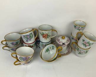 Hand Painted Floral Porcelain Cups and Covered Dish by E Saye