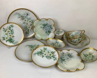 Floral Porcelain Plates, Bowls and Teacups with Gilt Trim