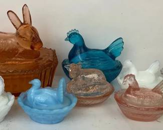 Glass Hen on Nest Collection  Rabbit Covered Dish, Milk Glass  Colored Glass