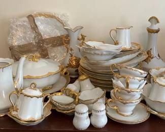 Elegant White  Gold Trim Porcelain Dinnerware and Serving Set
