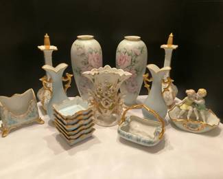 Hand Painted Porcelain Decor Lot Vases Candlesticks Trinket Dishes Gold Gilt