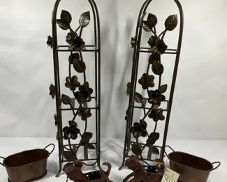 Metal Garden Decor Set with Floral Trellises, Planters, and Dog Figures