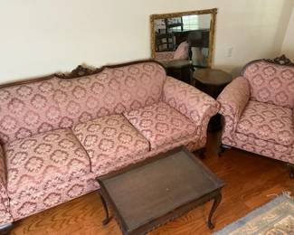 Traditional Upholstered Sofa  Armchair Set with Mirror and Tables