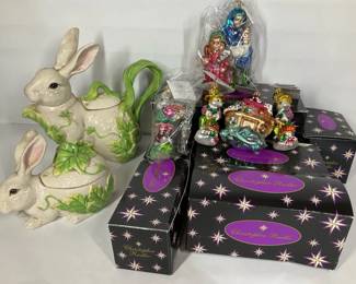 Mixed holiday ornament lot including Christopher Radko boxed pieces and figural glass ornaments.