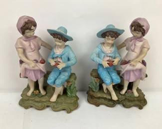 Pair of Vintage Style Boy  Girl Figurine Sculptures on Bench Bases