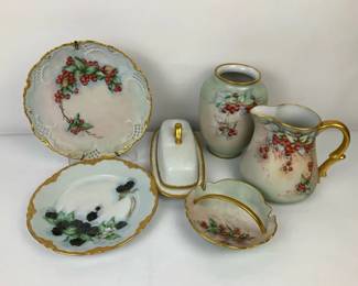 Hand Painted Berry Motif Porcelain Serveware and Vase