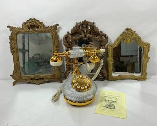Vintage Style Crystal Rotary Telephone with Ornate Mirror Frames