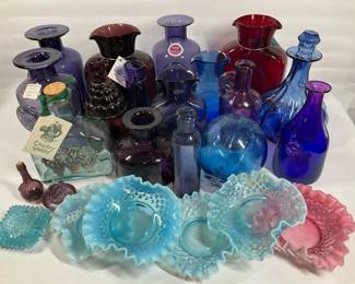 Large Vintage Art Glass Lot Bottles Vases Fenton Hobnail Blue Purple Cranberry Mix