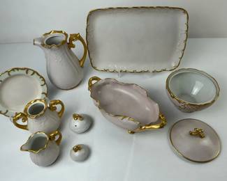 Hand Painted Porcelain Serving Lot Pink Blush Gold Gilt Pitchers Bowls Tray
