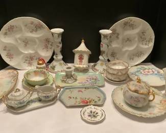 Vintage Floral Porcelain Lot Plates Vases Teacups Covered Dish Candlesticks