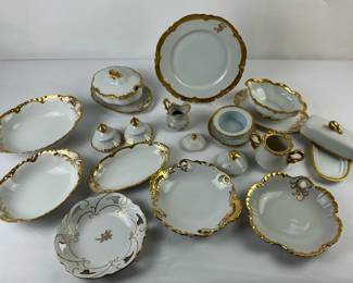 Hand Painted Porcelain Serving Lot Heavy Gold Gilt Bowls Plates Covered Dish
