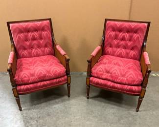 Two Upholstered Cane Sided Armchairs