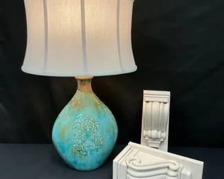 Pedestal Shelves And Lamp