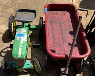 Vintage John Deere Tractor & Red Wagon