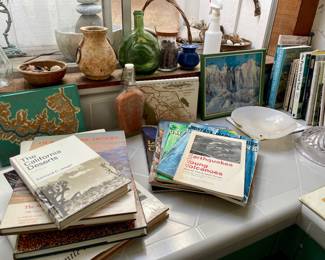 Naturalists collection of vintage guide books, maps, petrified wood, rocks & more.. 