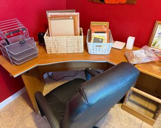 Desk, chair, office supplies