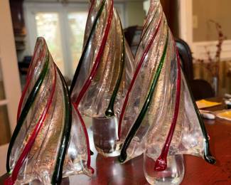 $300 Murano Glass Christmas Trees Approx 6.5", 8" & 11.5" Set of 3