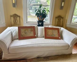 White duck covered sofa - mixed media framed pieces with triple mats