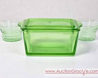1 URANIUM GLASS Green Refrigerator Dish with two small Green Glass Bowls