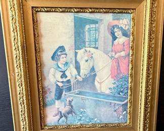 Victorian Style Chromolithograph Print of Children with Horse and Dog in Gilt Frame