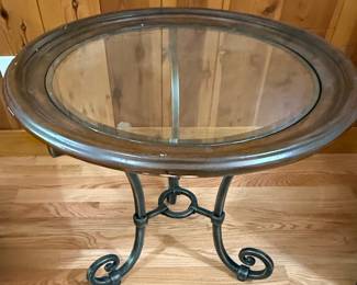 Ethan Allen Style Oval Glass Top Side Table with Metal Base