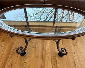 Ornate Wrought Iron and Glass Oval Coffee Table