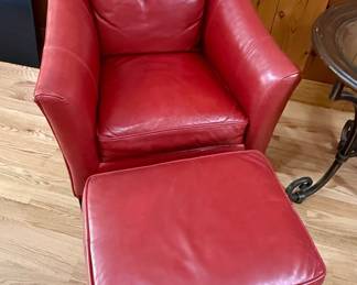 Ethan Allen Red Leather Club Chair and Ottoman